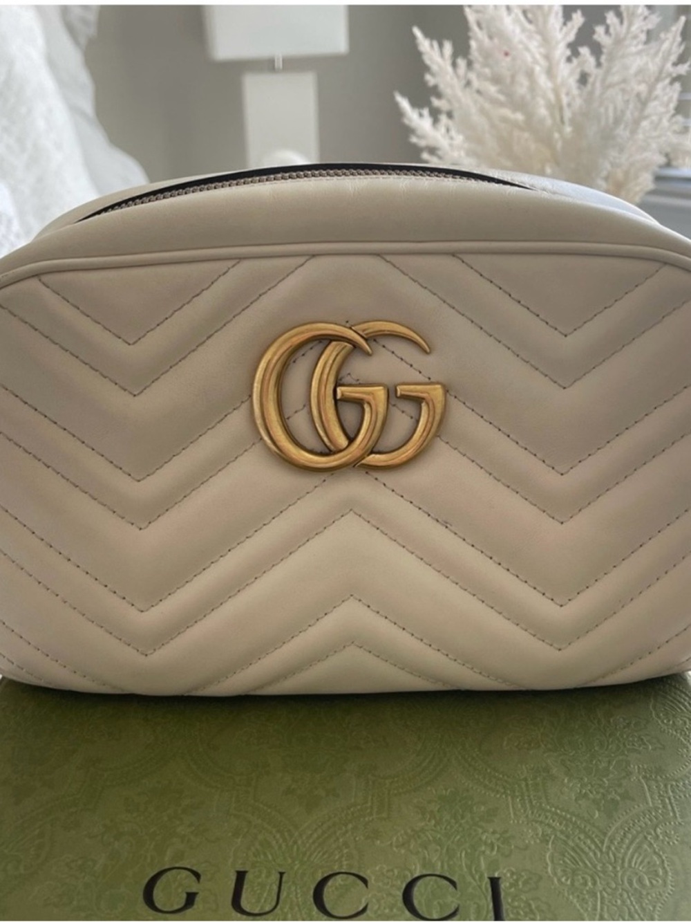 Gucci Cream Chevron GG Marmont Camera Bag with Gold Hardware